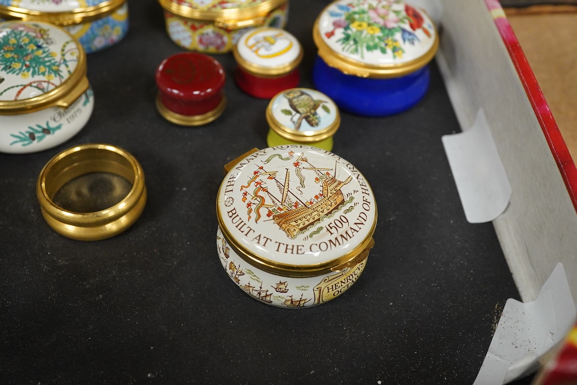 A collection of Halcyon days enamel patch boxes to include one commemorating the Mary Rose ship